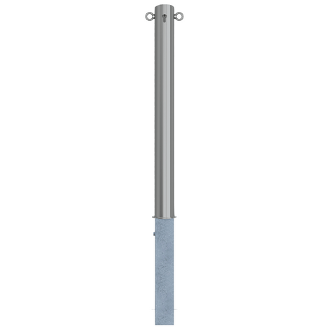 RVS uitneembare afzetpaal, Ø89 x 900 mm, met cilinderslot en 2 kettingogen, op witte achtergrond.