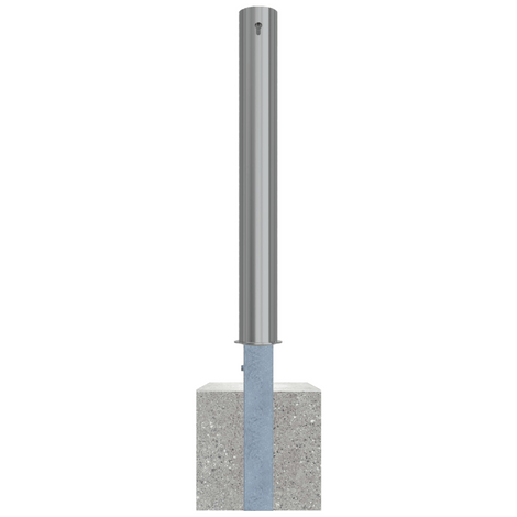 Uitneembare RVS afzetpaal Ø102 mm met betonvoet en cilinderslot, zilverkleurig.