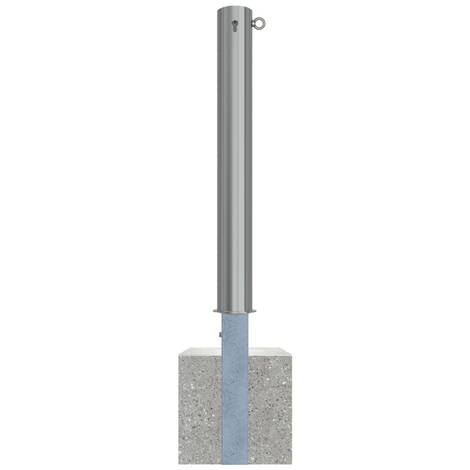 Uitneembare RVS afzetpaal Ø102 mm met cilinderslot en 1 kettingoog, in betonvoet.