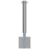 Uitneembare RVS afzetpaal Ø102 mm met cilinderslot, 2 kettingogen, en betonvoet.