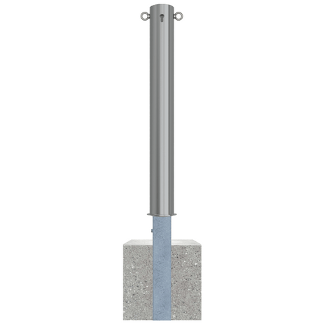Uitneembare RVS afzetpaal Ø102 mm met cilinderslot, 2 kettingogen, en betonvoet.