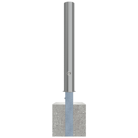 Uitneembare RVS afzetpaal Ø102 mm met betonvoet en slot, glanzend zilverkleurig.