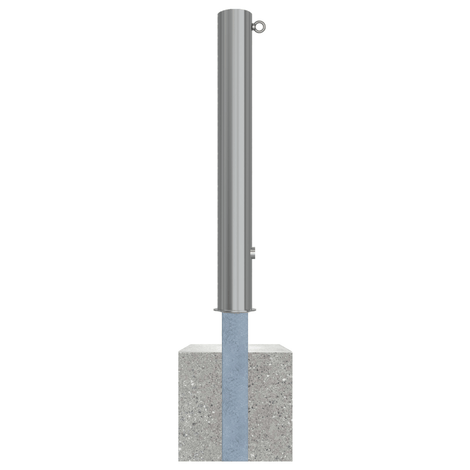 Uitneembare RVS afzetpaal Ø102 mm met betonvoet en slotopties, glanzend metaal.