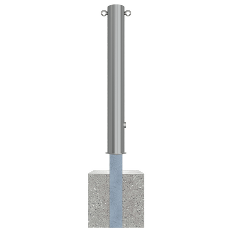 Uitneembare RVS afzetpaal Ø102 mm met betonvoet en slotopties, glanzend metaal.