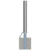 Uitneembare RVS afzetpaal Ø102 mm met betonvoet en slot, glanzend metaal.