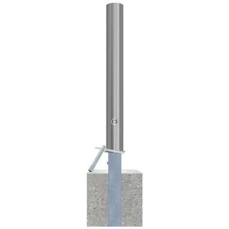 Uitneembare RVS afzetpaal Ø102 mm met slot, gemonteerd in een betonnen voet.