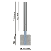 Uitneembare RVS afzetpaal Ø102 mm, geborsteld, met betonvoet (300x300x300 mm) en slotoptie. Totale hoogte 1100 mm.