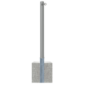 Uitneembare RVS afzetpaal Ø60 mm met cilinderslot en 1 kettingoog, geplaatst in een betonvoet.