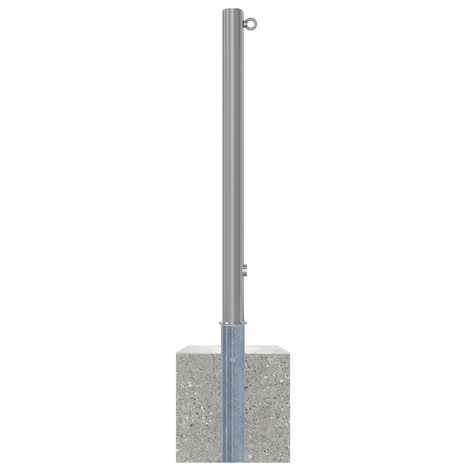 Uitneembare RVS afzetpaal Ø60 mm met driekantslot, 1 kettingoog en betonvoet.