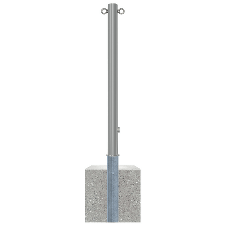RVS afzetpaal Ø60 mm met driekantslot, 2 kettingogen en betonvoet.