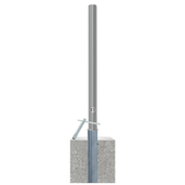 Uitneembare RVS afzetpaal Ø60 mm met betonvoet en slotoptie, zilverkleurig.