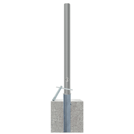 Uitneembare RVS afzetpaal Ø60 mm met betonvoet en slotoptie, zilverkleurig.