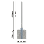 RVS afzetpaal Ø60 mm met betonvoet, 1000 mm hoog, 900 mm bovengronds, inclusief slot.