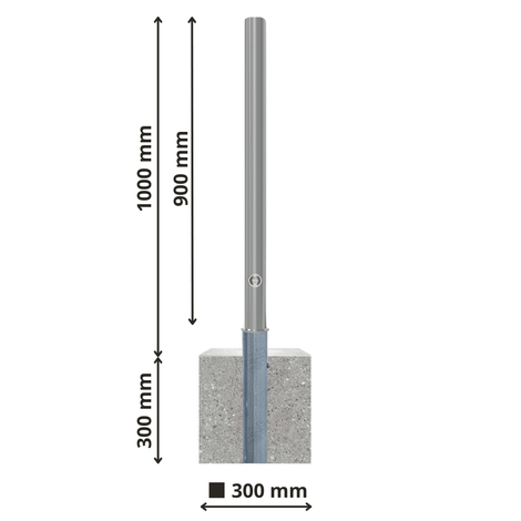 RVS afzetpaal Ø60 mm met betonvoet, 1000 mm hoog, 900 mm bovengronds, inclusief slot.