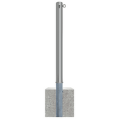 RVS afzetpaal Ø76 mm met cilinderslot, 1 kettingoog en betonvoet.