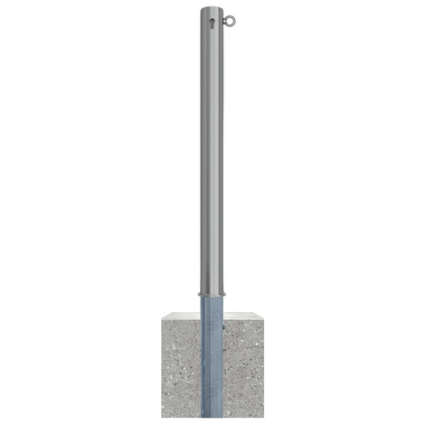 RVS afzetpaal Ø76 mm met cilinderslot, 1 kettingoog en betonvoet.