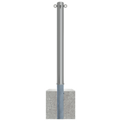 Uitneembare RVS afzetpaal Ø76 mm met cilinderslot, 2 kettingogen en betonvoet.