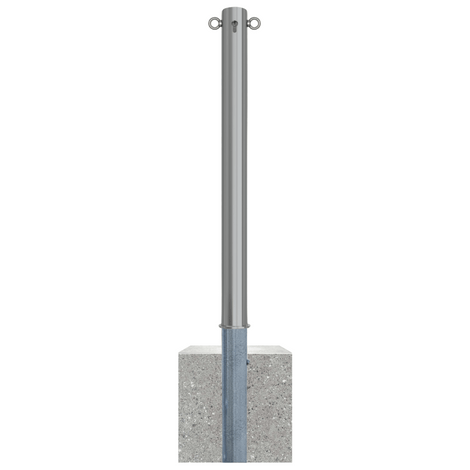 Uitneembare RVS afzetpaal Ø76 mm met cilinderslot, 2 kettingogen en betonvoet.