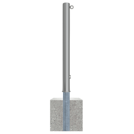 RVS afzetpaal Ø76 mm met driekantslot, 1 kettingoog, en betonvoet.