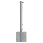 Uitneembare RVS afzetpaal Ø76 mm met driekantslot, 2 kettingogen, en betonvoet.