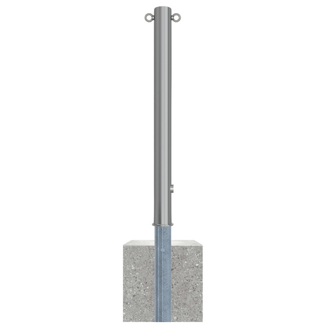Uitneembare RVS afzetpaal Ø76 mm met driekantslot, 2 kettingogen, en betonvoet.