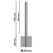 Uitneembare RVS afzetpaal Ø76 mm, zilverkleurig, met betonvoet en slotoptie. Totale hoogte 1300 mm.
