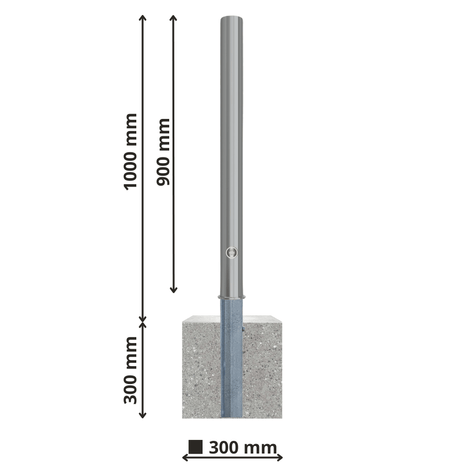 Uitneembare RVS afzetpaal Ø76 mm, zilverkleurig, met betonvoet en slotoptie. Totale hoogte 1300 mm.