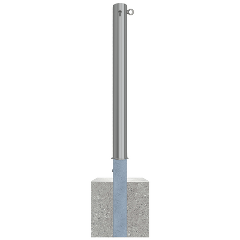 Uitneembare RVS afzetpaal Ø89 mm met cilinderslot en 1 kettingoog, gemonteerd in een betonvoet.