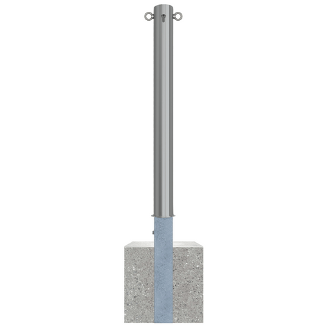 Uitneembare RVS afzetpaal Ø89 mm met driekantslot, 2 kettingogen en betonvoet.