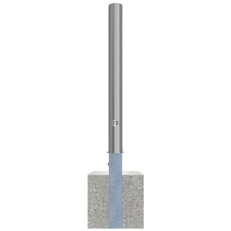 Uitneembare RVS afzetpaal Ø89 mm met driekantslot, gemonteerd in een betonnen voet.