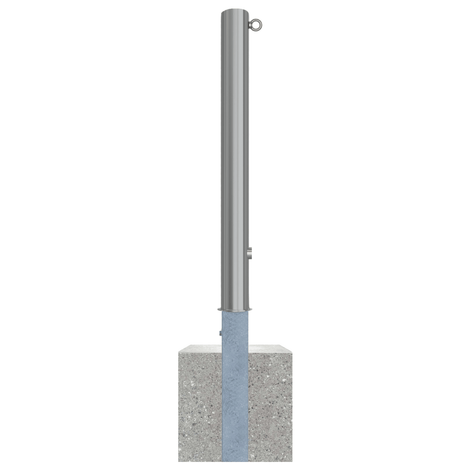 RVS afzetpaal Ø89 mm met driekantslot, 1 kettingoog en betonvoet.