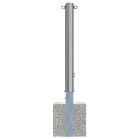 Uitneembare RVS afzetpaal Ø89 mm met betonvoet en twee bevestigingsogen, zilverkleurig.