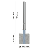 RVS afzetpaal Ø89 mm met betonvoet, 1100 mm hoog, 900 mm bovengronds, met slot.