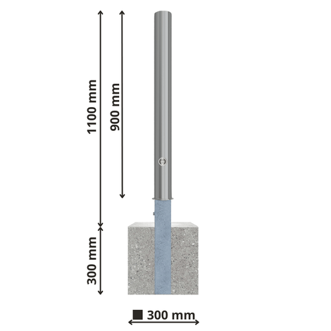 RVS afzetpaal Ø89 mm met betonvoet, 1100 mm hoog, 900 mm bovengronds, met slot.