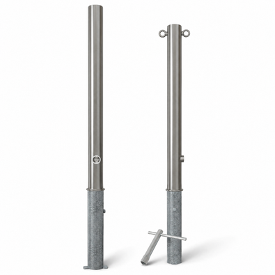 RVS uitneembare afzetpaal Ø76 x 900 mm met slotoptie en grondanker, gepresenteerd in twee configuraties