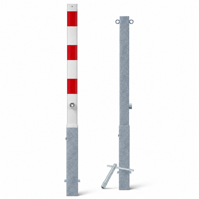Uitneembare afzetpaal 70x70 mm in wit-rood en verzinkt, met slotopties en grondbevestiging