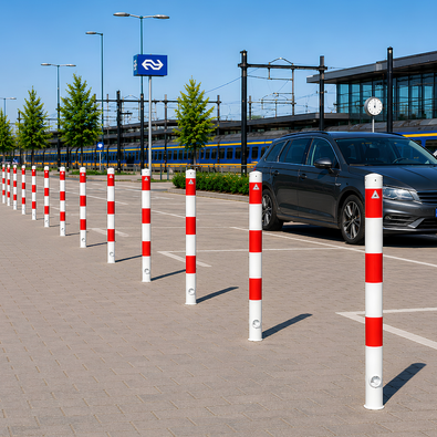 Uitneembare afzetpaal 76mm wit rood met driekantslot sfeer impressie bij een treinstation