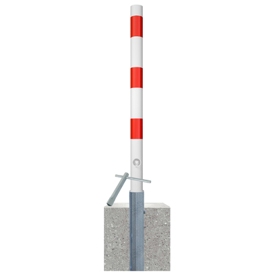 Uitneembare afzetpaal Ø60 mm, wit-rood gestreept, met betonvoet en sleutel.