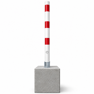 Uitneembare wit-rode afzetpaal Ø76 mm met betonvoet en vergrendelingsmechanisme.