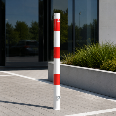 Uitneembare parkeerpaal Ø60 mm, wit-rood gestreept, met betonvoet op een bestraat pad.