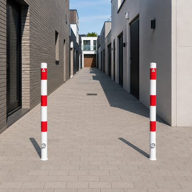 Uitneembare parkeerpaal 60 mm wit-rood met driekantslot in een steeg