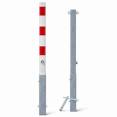 Uitneembare parkeerpaal 70x70 mm in wit-rood en verzinkt, met slotopties en grondbevestiging.