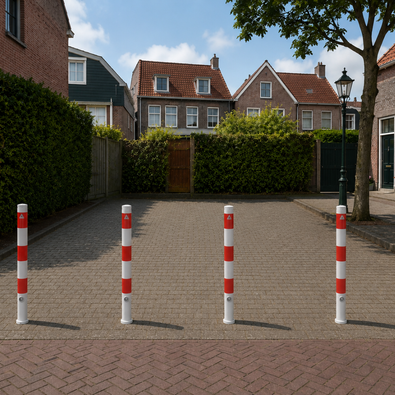 Uitneembare parkeerpaal 76mm wit rood met driekantslot afsluiten van een eigen terrein
