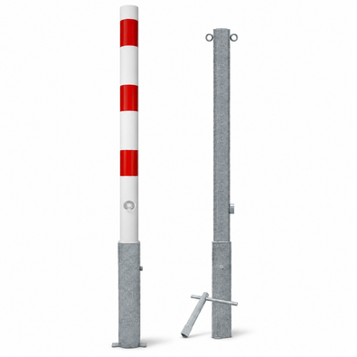 Uitneembare parkeerpaal Ø76 mm, wit-rood gestreept, met verzinkte grondbevestiging en slotoptie