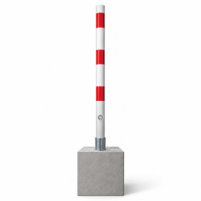 Wit-rode uitneembare parkeerpaal Ø60 mm met betonvoet en driekantslot