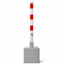 Parkeerpaal met betonvoet 70x70 mm uitneembaar met slot in wit-rood of verzinkt