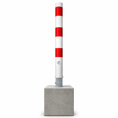 Uitneembare parkeerpaal Ø89 mm, wit-rood gestreept, met betonvoet en vergrendelingsmechanisme.