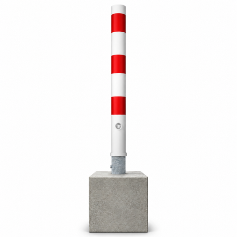 Uitneembare parkeerpaal Ø89 mm, wit-rood gestreept, met betonvoet en vergrendelingsmechanisme.