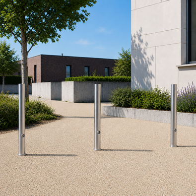 Uitneembare rvs afzetpaalpaal 76 mm met driekantslot op een gravel pad bij een rouwcentrum