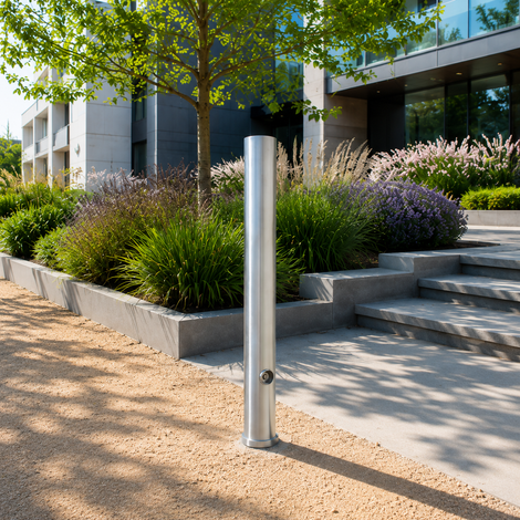 Uitneembare rvs parkeerpaal 102 mm met driekantslot voor een trap bij modern gebouw